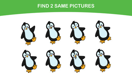Cute penguins walk. Find two same pictures. Educational game for children. Cartoon vector illustration