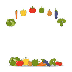 Banner frame of vegetables on a white background, for the design of printed products, menus. Tomato, red pepper, green pepper, yellow pepper, bell pepper, eggplant, cabbage, carrot, onion, broccoli.