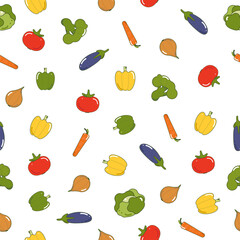 Seamless pattern of vegetables on a white background. Tomato, red pepper, green pepper, yellow pepper, bell pepper, eggplant, cabbage, carrot, onion, broccoli.