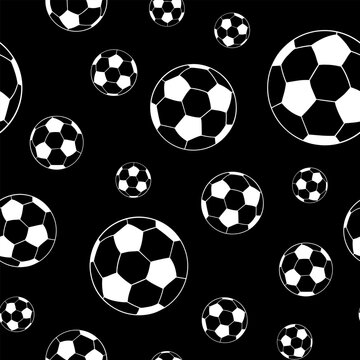 Seamless pattern of soccer balls on a black background. Design for football fans.