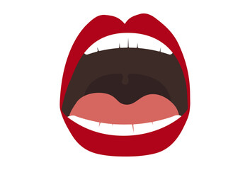 Screaming or surprising female mouth isolated on white. Shouting emotional lips of young woman. Hand drawn flat vector illustration in cartoon style. Decorative design element, sticker, label.