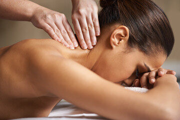 Woman, client or hands for neck massage in hotel spa to relax for zen resting or wellness physical therapy. Face of girl in salon for body healing, sleeping or natural holistic detox by masseuse