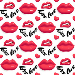 Seamless pattern. Pattern with lips. Seamless wallpaper with 3d lips, heart and lettering.