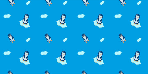 Cute penguin cartoon seamless pattern on blue background, editable illustration for wrapping paper
