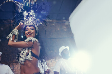 Festival light, carnival dancer and woman smile with mockup and social celebration in Brazil. Mardi...