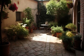 illustration, beautiful Italian style yard with plants and flowers, ai generative