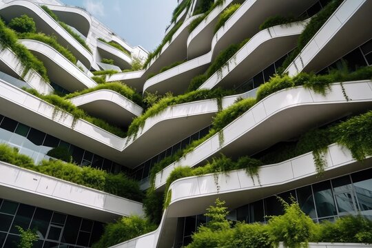 Close Up View A Futuristic Building, Sustainable Design With Vertical Garden. Generative AI AIG18.