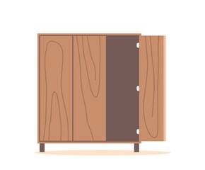 Wooden Cupboard with Open Door, Furniture Item Made Of Wood, Consisting Of Shelves Or Drawers, Vector Illustration