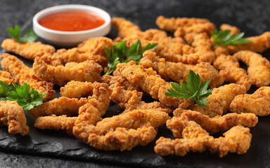 Crispy Shredded Chicken with sweet chilli sauce served on black slate. Party finger food snack concept