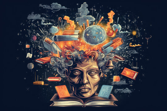 An abstract head with knowledge exploding out of it generative ai