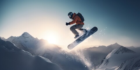 Naklejka na ściany i meble A thrilling image of a snowboarder soaring through the air, highlighting the fearlessness and skill of extreme winter sports, concept of Gravity-defying action, created with Generative AI technology