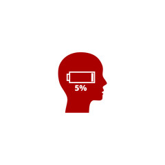 Human head with low battery charge icon isolated on white background