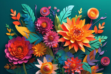 Fototapeta na wymiar Paper art flowers, Paper illustration of colorful flowers, flower arranging art, Generative AI
