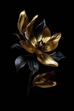 Naklejka Beautiful golden flowers with black leaves isolated on a dark black background. Creative mystery concept. Elegant love and passion floral idea. 3d Illustration
