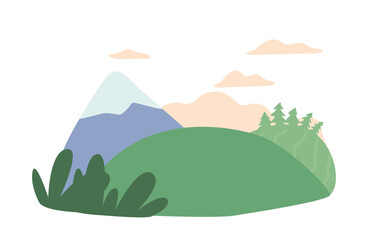 Fototapeta premium Green Field Stretches Into The Distance, Dotted With Bushes, Against A Backdrop Of Towering Mountain Peak