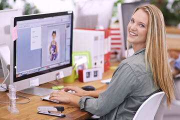 Woman at desk, computer screen and smile in portrait, editor at fashion magazine. Young...