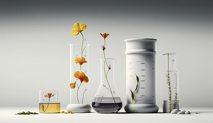 AI-generated illustration of medicinal herbs - evening primrose, liquid. MidJourney.