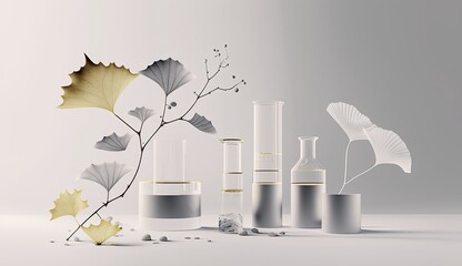 AI-generated illustration of medicinal herbs - ginkgo, liquid. MidJourney.