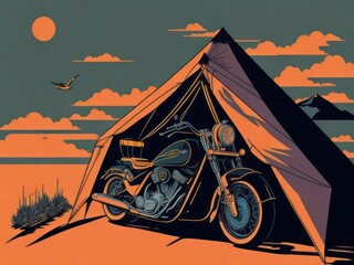 Vector illustration of a motorcycle on a campsite close to the tent with a sunset atmosphere and birds flying around. Freedom concept idea. Generative AI
