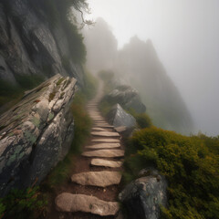 A foggy mountain with a set of steps leading up to the top Generative Ai