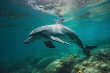 Obraz premium illustration, dolphins swimming under the sea,generative ai