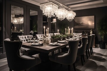 An elegant dining room with a large table, plush chairs, and elegant decor that create the perfect atmosphere for a dinner party - Generative AI