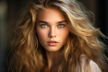 Fototapeta premium A beautiful woman with long blonde hair and blue eyes Generative Ai