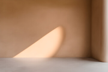 Realistic render of room, beautiful sunlight and window frame shadow on beige blank wall, generative ai