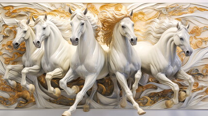 White horses on the background of a wall with decorative ornaments. Generative ai - obrazy, fototapety, plakaty