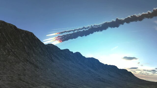 Meteors burning in Atmosphere above rocky hills
Cinematic view of potential asteroid impact Earth, 4K
