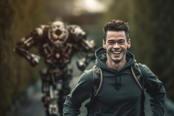 Obraz premium portrait of a person male smiling and running with a robotic. Generative Ai