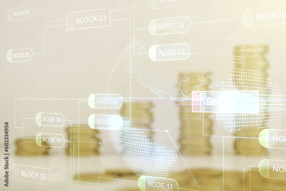 Poster multi exposure of abstract graphic coding sketch and world map on coins background, big data and net