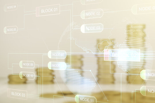 Multi exposure of abstract graphic coding sketch and world map on coins background, big data and networking concept