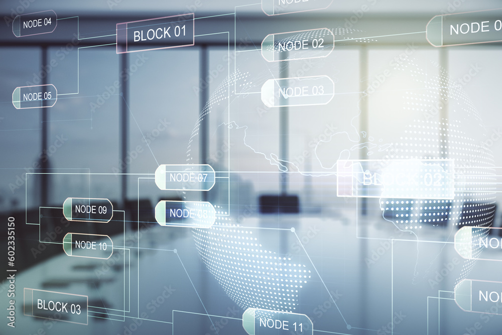 Poster Double exposure of abstract creative programming illustration and world map on a modern boardroom background, big data and blockchain concept