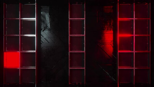 Light boxes pulsating and emitting energy on the BPM, red and white colors, spread on a grid in a concrete room, seamless VJ Loop