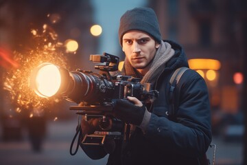 Young cinematographer holding camera. Generative Ai