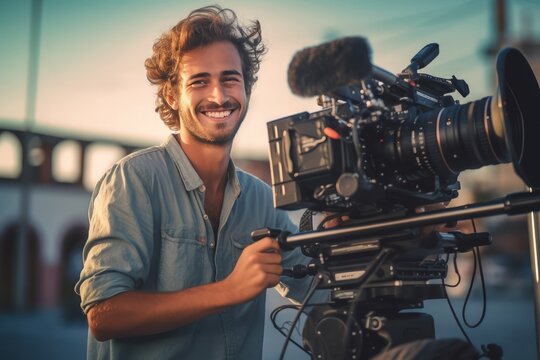 camera operator smiling enjoy with work. Generative Ai