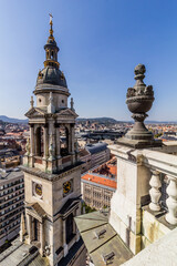 Fototapeta na wymiar Aerial view of Budapest from St. Stephen's Basilica's cupola with its tower, Hungary