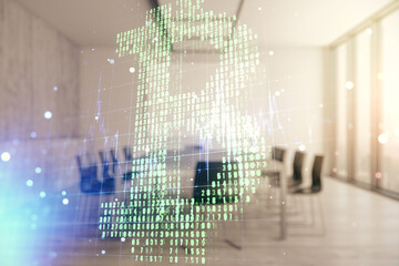 Naklejka na ściany i meble Virtual Bitcoin sketch on a modern coworking room background. Double exposure