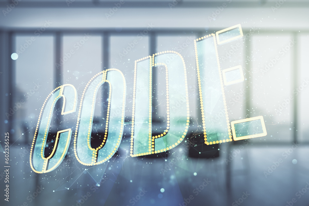 Poster code word hologram on a modern coworking room background, international software development concept