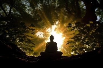 Statue of buddha in sunrise, generative ai