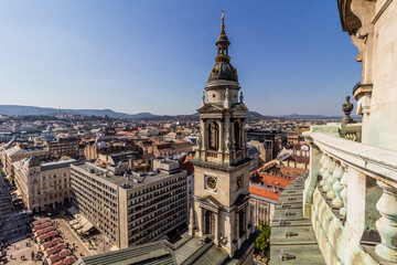 Aerial view of Budapest from St. Stephen's Basilica's cupola with its tower, Hungary