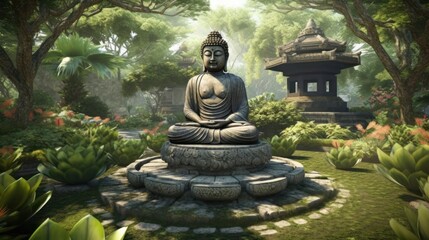 Buddha statue in the garden, generative ai