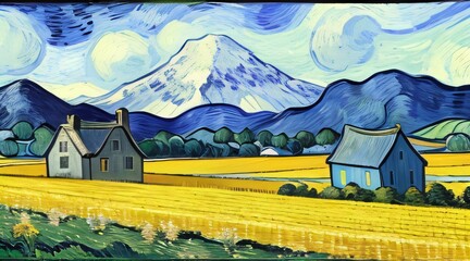 Obraz na płótnie Canvas Generative Ai illustration landscape with a house barn wheat field and mountain