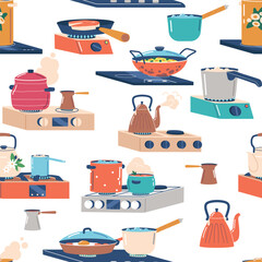 Kitchen-themed Seamless Pattern With Various Tableware And Ovens In A Repeating Design, Suitable For Use As Wallpaper