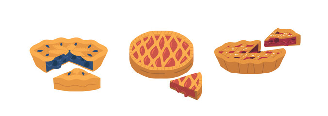Set Of Pies With Cut Piece Showcases Delicious Pies With A Variety Of Fillings, Including Blueberry, Cherry, Strawberry