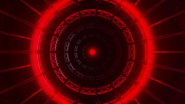 Truss and light strips in a circular array, pulsating energy on the BPM in red and white colors, seamless VJ Loop