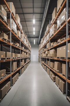 illustration, clean warehouse with shelves and cardboard boxes, ai generative