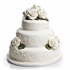 Roses from confectionery mastic on a white wedding cake isolated. Photorealistic illustration generative AI.