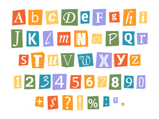 Vector LGBT ransom font in y2k style. Pride month letters cut-outs from magazine. LGBT community criminal alphabet set. Retro ransom text in rainbow colors.